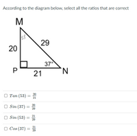 According to the diagram below, select all the ratios that are correct
M
53
29
20
37°
21
'N.
О Тan (53)
20
21
O Sin (37)
20
29
O Sin (53) =
21
29
O Cos (37) =
21
29
P
