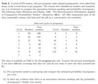 Task 2. A total of 678 women, who got pregnant under planned pregnancies, were asked how
many cycles it took them to get pregnant. The women were classified as smokers and nonsmok-
ers; it is of interest to compare the association between smoking and probability of pregnancy.
The following table (Weinberg and Gladen, 1986, “The Beta-Geometric Distribution Applied
to Comparative Fecundability Studies", Biometrics 42(3): 547–560) summarises part of the
data (essentially, women who had used the pill as a contraceptive are excluded).
Observed cycles to pregnancy
Non-
Non-
Cycle Smokers smokers
Cycle Smokers smokers
1
29
198
8
2
16
107
9.
1
5
17
55
10
1
4
4
38
11
1
3
18
12
9.
22
>12
7
12
7
4
7
The data is available on LMS in the file pregnancies.txt. Contact the lecturer immediately
if you have difficulty accessing this data set (and do not want to enter the data yourself into
R).
(a) Fit a geometric model to each group and compare the estimated probability of pregnancy
per cycle.
(b) Is there any evidence that there is an association between smoking and the probability
of pregnancy? Justify your answer.
