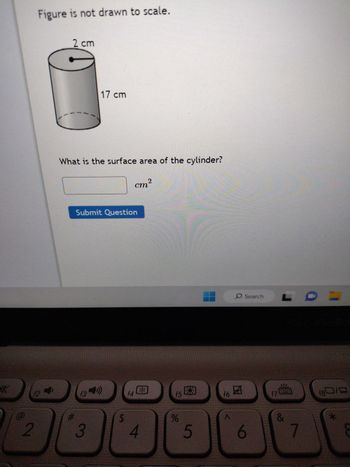 **Question on Cylinder Surface Area**

**Figure Description:**
The figure depicts a cylinder with a radius of 2 cm and a height of 17 cm. This diagram is not drawn to scale.

**Problem Statement:**
What is the surface area of the cylinder?

**Input Field:**
[        ] cm²

**Button:**
Submit Question

---

**Diagram Explanation:**
The diagram shows a three-dimensional representation of a cylinder. The top and bottom of the cylinder are circles, each with a radius of 2 cm. The height of the cylinder, which is the distance between the two circular ends, is 17 cm.

---

To calculate the surface area of a cylinder, use the formula:
\[ \text{Surface Area} = 2\pi r(h + r) \]
where \( r \) is the radius, and \( h \) is the height.