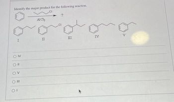 Identify the major product for the following reaction.
CI
ON
Oll
ον
O III
OI
AlCl3
II
?
CI
B
IV