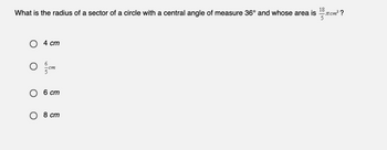 18厘米？一个圆的半径是什么，该圆形的中心角36°，其面积为5 4 cm -cm 6 cm 8 cm
