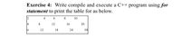 Exercise 4: Write compile and execute a C++ program using for
statement to print the table for as below.
2
4
6.
8
10
14
8
12
16
20
16
12
18
24
30
