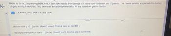 Refer to the accompanying table, which describes results from groups of 8 births from 8 different sets of parents. The random variable \( x \) represents the number of girls among 8 children. Find the mean and standard deviation for the number of girls in 8 births.

\[ \text{Click the icon to view the data table.} \]

The mean is \( \mu = \square \) girl(s). (Round to one decimal place as needed.)

The standard deviation is \( \sigma = \square \) girl(s). (Round to one decimal place as needed.)

Note: There are no graphs or diagrams in the image, and further data for calculations require accessing the referenced data table.