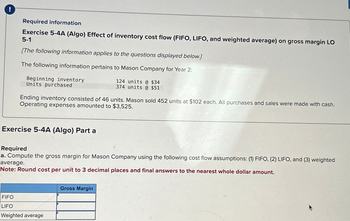 Answered: cise 5-4A (Algo) Effect of inventory… | bartleby