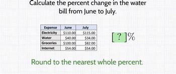 Calculate the percent change in the water
bill from June to July.
Expense June
Electricity $110.00
Water
$40.00
Groceries $100.00
Internet
$54.00
July
$115.00
$34.00
$82.00
$54.00
[? ]%
Round to the nearest whole percent.