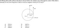 A 350-kg disk (with uniform density) is shown below. Its rotation axis is through its center. If the disk is
initially at rest, how long does it take to reach an angular velocity of 25 rad/s?
20 N
18 N
0.25 m
0.75 m
1.0 m
0.5 m
16 N
А.
152.6 s
D.
163.5 s
Е.
F.
В.
164.5 s
141.1 s
С.
120.0 s
137.0 s
