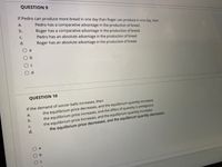 QUESTION 9
If Pedro can produce more bread in one day than Roger can produce in one day, then
а.
Pedro has a comparative advantage in the production of bread.
b.
Roger has a comparative advantage in the production of bread.
C.
Pedro has an absolute advantage in the production of bread.
d.
Roger has an absolute advantage in the production of bread.
a
d.
QUESTION 10
the equilibrium price decreases, and the equilibrium quantity increases
the equilibrium price increases, and the effect of quantity is ambiguous
the equilibrium price increases, and the equilibrium quantity increases
the equilibrium price decreases, and the equilibrium quantity decreases
If the demand of soccer balls increases, then
a.
b.
C.
d.
O a
O b
O O O O

