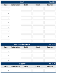 Cash
No. 101
Date
Explanation
Debit
Credit
Balance
Accounts Receivable
No. 112
Date
Explanation
Debit
Credit
Balance
Supplies
No. 128
Date
Explanation
Debit
Credit
Balance
>
>
>
>
>
>
