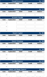 Prepaid Insurance
No. 130
Date
Explanation
Debit
Credit
Balance
Equipment
No. 157
Date
Explanation
Debit
Credit
Balance
Accounts Payable
No. 201
Date
Explanation
Debit
Credit
Balance
Owner's Capital
No. 301
Date
Explanation
Debit
Credit
Balance
Owner's Drawings
No. 306
Date
Explanation
Debit
Credit
Balance
Service Revenue
No. 400
Date
Explanation
Debit
Credit
Balance
Gasoline Expense
No. 633
Date
Explanation
Debit
Credit
Balance
Salaries and Wages Expense
No. 726
Date
Explanation
Debit
Credit
Balance
