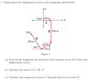 1. Figure shows four displacement vectors with magnitude and direction.
Start 100 m
A
End
B 300 m
D
200 m
30°
60°
150 m
Figure 1
(a) Find out the magnitude and direction of the resultant vector R of these four
displacement vectors.
(b) Calculate the value of (A x B) · Č.
(c) Calculate the component of vector C along the direction of vector D.
