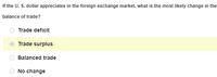 If the U. S. dollar appreciates in the foreign exchange market, what is the most likely change in the
balance of trade?
Trade deficit
Trade surplus
Balanced trade
No change
