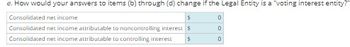 e. How would your answers to items (b) through (d) change if the Legal Entity is a "voting interest entity?"
Consolidated net income
$
Consolidated net income attributable to noncontrolling interest $
Consolidated net income attributable to controlling interest $
0
0
0