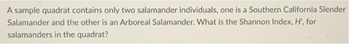 A sample quadrat contains only two salamander individuals, one is a Southern California Slender
Salamander and the other is an Arboreal Salamander. What is the Shannon Index, H', for
salamanders in the quadrat?