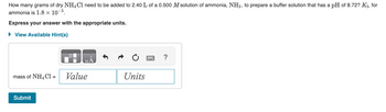 How many grams of dry NH4Cl need to be added to 2.40 L of a 0.500 M solution of ammonia, NH3, to prepare a buffer solution that has a pH of 8.72? K₁ for
ammonia is 1.8 × 10-5.
Express your answer with the appropriate units.
► View Available Hint(s)
mass of NH4Cl = Value
Submit
Units
?