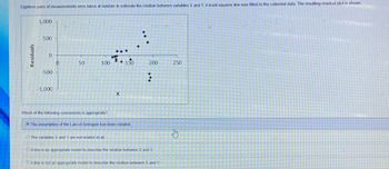 Eighteen pairs of measurements were taken at random to estimate the relation between variables X and Y. A least-squares line was fitted to the collected data. The resulting residual plot is shown.
Residuals
1,000
500
0
-500
-1,000
0
50
100
Which of the following conclusions is appropriate?
OA line is an
O The variables X and Y are not related at all.
X
The assumption of the Law of Averages has been violated.
150
200
:
propriate model to describe the relation between X and Y.
A line is not an appropriate model to describe the relation between X and Y.
250