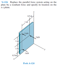 *4-124. Replace the parallel force system acting on the
plate by a resultant force and specify its location on the
x-z plane.
0.5 m
1m
2 kN
5 kN
1 m
1m
3 kN
0.5 m
Prob. 4-124
