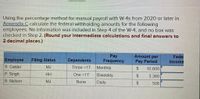 Using the percentage method for manual payroll with W 4s from 2020 or later in
Appendix C calculate the federal withholding amounts for the following
employees. No information was included in Step 4 of the W 4, and no box was
checked in Step 2. (Round your intermediate calculations and final answers to
2 decimal places.)
Pay
Frequency
Amount per
Fedei
Employee
Filing Status
Dependents
Pay Period
Income
S. Calder
MJ
Three <17
Monthly
24
10,600
P Singh
HH
One <17
Biweekly
2$
3,360
B. Nelson
MJ
None
Daily
2$
508
