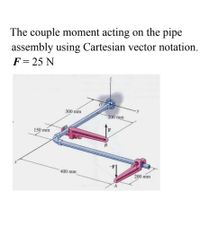 The couple moment acting on the pipe
assembly using Cartesian vector notation.
F= 25 N
300 mm
200 mm
F
150 mm
В
-F
400 mm
200 mm
