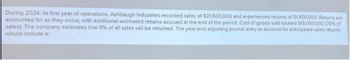 During 2024, its first year of operations, Ashbaugh Industries recorded sales of $21,500,000 and experienced returns of $1,450,000. Returns are
accounted for as they occur, with additional estimated returns accrued at the end of the period. Cost of goods sold totaled $15,050,000 (70% of
sales). The company estimates that 8% of all sales will be returned. The year-end adjusting journal entry to account for anticipated sales returns
would include a: