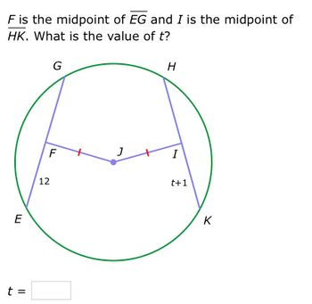 F is the midpoint of EG and I is the midpoint of
HK. What is the value of t?
E
t =
12
G
LL
F
H
I
t+1
K