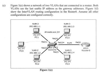 (c)
Figure 1(e) shows a network of two VLANs that are connected to a router. Both
VLANS use the last usable IP address as the gateway addresses. Figure 1(f)
show the InterVLAN routing configuration in the Router0. Assume all other
configurations are configured correctly.
VLAN 2
VLAN 3
192.168.2.3
192.168.1.1
All masks are /24
PC-PT
PC-PT
PC1
PC3
Fa0/4
Fa0/1
Fa0/24 trunk
Fa0/22950-2-TT
Switch0
VLAN 2
192.168.1.2
Fa0/3
PC-PT
PC2
PC-PT
PCO
Figure 1(e)
VLAN 3
192.168.2.4
PC-PT
PC4
Fa0/0
2811
Router0