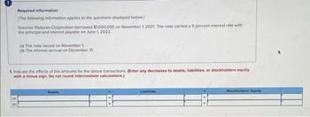 !
(a)
Required information
[The following information applies to the questions displayed below)
(b)
Greener Pastures Corporation borrowed $1,000,000 on November 1, 2021. The note carried a 9 percent interest rate with
the principal and interest payable on June 1, 2022.
1. Indicate the effects of the amounts for the above transactions. (Enter any decreases to assets, liabilities, or stockholders equity
with a minus sign. Do not round intermediate calculations.)
(a) The note issued on November 1.
(b) The interest accrual on December 31.
Assets
Liabilities
Stockholders' Equity