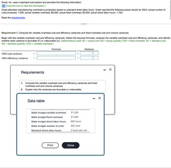 Great, Inc. uses a standard cost system and provides the following information.
(Click the icon to view the information.)
Great allocates manufacturing overhead to production based on standard direct labor hours. Great reported the following actual results for 2024: actual number of
units produced, 1,000; actual variable overhead, $5,000; actual fixed overhead, $3,000; actual direct labor hours, 1,700.
Read the requirements.
Requirement 1. Compute the variable overhead cost and efficiency variances and fixed overhead cost and volume variances.
Begin with the variable overhead cost and efficiency variances. Select the required formulas, compute the variable overhead cost and efficiency variances, and identify
whether each variance is favorable (F) or unfavorable (U). (Abbreviations used: AC = actual cost; AQ = actual quantity; FOH = fixed overhead; SC = standard cost;
SQ = standard quantity; VOH = variable overhead.)
VOH cost variance
VOH efficiency variance
=
1.
2.
=
Requirements
Formula
Data table
Compute the variable overhead cost and efficiency variances and fixed
overhead cost and volume variances.
Explain why the variances are favorable or unfavorable.
Static budget variable overhead
Static budget fixed overhead
Static budget direct labor hours
Static budget number of units
Standard direct labor hours
Print
$1,200
$1,600
Variance
800 hours
400 units
2 hours per unit
Done
X