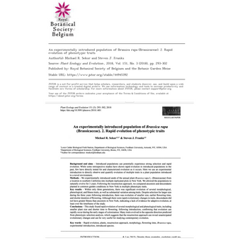 **Title:** An Experimentally Introduced Population of *Brassica rapa* (Brassicaceae). 2. Rapid Evolution of Phenotypic Traits

**Authors:** Michael R. Sekor and Steven J. Franks

**Source:** Plant Ecology and Evolution, 2018, Vol. 151, No. 3, pp. 293-302

**Published by:** Royal Botanical Society of Belgium and the Botanic Garden Meise

**Stable URL:** [JSTOR Link](https://www.jstor.org/stable/149945392)

**Abstract:**
This study investigates rapid evolutionary changes in *Brassica rapa* populations. By introducing this plant to a new environment, the research examines various morphological traits over time. The experiment particularly focuses on the adaptation of plants in the face of environmental stresses.

**Main Content:**
- **Background and Aims:** Introduced plant populations can experience strong selection and evolve rapidly. The research replicates past studies showing rapid evolution and examines the evolutionary process in a new environment.
  
- **Methods:** Seeds from *B. rapa* in California were introduced to multiple sites in New York. Experimental plots in varying conditions allowed for detailed tracking of plant evolution over generations.

- **Key Results:** Over three generations, significant evolution in traits like plant height, leaf size, and time to flowering was noted. The study found faster evolution in New York, indicating adaptive evolution.

- **Conclusion:** Rapid evolutionary changes were observed, including traits like smaller plant size and shorter flowering time. The study demonstrates the utility of resurrection approaches for examining contemporary evolution.

**Keywords:** Rapid evolution, plants, resurrection approach, morphology, flowering time, *Brassica rapa*, experimental introduction.

**Introduction:**
The introduction outlines the importance of studying rapid evolutionary changes in introduced plant populations. Such studies help understand the adaptive responses to novel environmental pressures.

**Figures and Tables:**
The article includes graphs and tables documenting the changes in phenotypic traits over time. These visual aids are crucial for illustrating the data-driven evidence of rapid evolutionary changes in the experimental populations.

**Availability:** For further details and access, the full article is available on JSTOR via the stable URL.