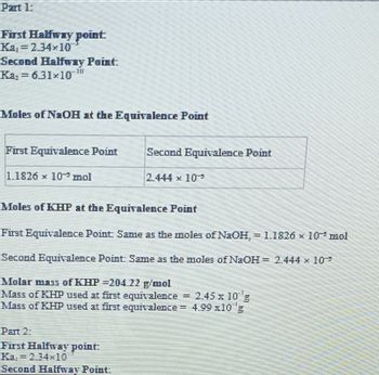 Part 1:
First Halfway point
Ka₁ = 2.34x10
Second Halfway Point:
Ka, = 631×10'
Moles of NaOH at the Equivalence Point
First Equivalence Point
Second Equivalence Point
1.1826 x 10 mol
1444 107
Moles of KHP at the Equivalence Point
First Equivalence Point Same as the moles of NaOH¸ = 1.1826 × 10-ª mol
Second Equivalence Point: Same as the moles of NaOH= 2.444 × 107
Molar mass of KHP =204.12 g/mol
Mass of KHP used at first equivalence
2.45 x 10 g
Mass of KHP used at first equivalence = 4.99x10 g
Part 2:
First Halfway point:
Ka₁ = 2.34x10
Second Halfway Point: