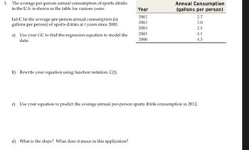 1. The average per-person annual consumption of sports drinks
in the U.S. is shown in the table for various years.
Let C be the average per-person annual consumption (in
gallons per person) of sports drinks at t years since 2000.
a) Use your GC to find the regression equation to model the
data.
b) Rewrite your equation using function notation, C(t).
Year
2002
2003
2004
2005
2006
d) What is the slope? What does it mean in this application?
Annual Consumption
(gallons per person)
2.7
3.0
3.4
4.1
4.5
c) Use your equation to predict the average annual per-person sports drink consumption in 2012.