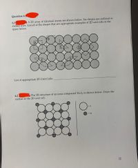 Question 6
6.1
dotted lines. List all of the shapes that are appropriate examples of 2D unit cells in the
space below.
A 2D array of identical atoms are shown below. Six shapes are outlined in
B.
.........:
..
.......**.
......
List of appropriate 2D Unit Cells:
6.2
The 2D structure of an ionic compound MxAy is shown below. Draw the
outline of the 2D unit cell.
=DA
= M
12
