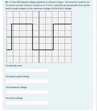 B1. For the CRO square voltage waveform is shown in Figure. The 'time/cm' switch is on
10 ms/cm and the 'volts/cm' switch is on 2 V/cm. Calculate (a) the periodic time, (b) the
peak to peak voltage, (c) the maximum voltage, (d) the R.M.S voltage.
The periodic time
The peak to peak voltage
The maximum voltage
The R.M.S voltage
