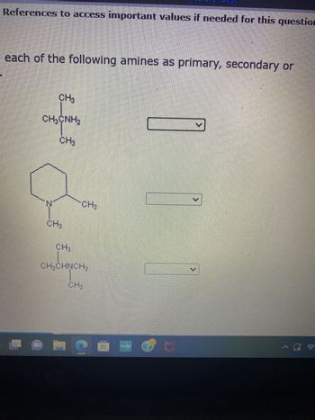 References to access important values if needed for this question
each of the following amines as primary, secondary or
CH3
CH,ỆNH,
CH3
N
CH3
CH3
CH3
CH₂CHNCH3
CH3
C @M
C
V
V
V
S