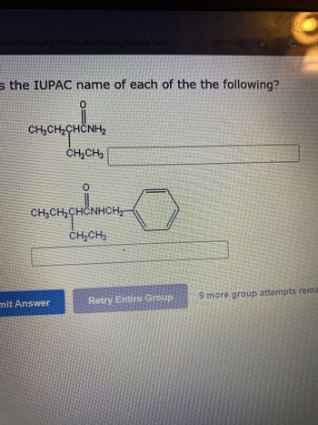 valentActivity.do?locator=assignment-take
s the IUPAC name of each of the the following?
CH₂CH₂CHCNH₂
снасна
0
CH₂CH₂CHCNHCH₂
ICNHCH₂-
CH₂CH3
mit Answer
AM a
Retry Entire Group
9 more group attempts rema