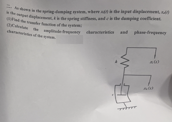 . As shown in the spring-damping system, where xt) is the input displacement, x.(1)
is the output displacement, k is the spring stiffness, and c is the damping coefficient.
(1)Find the transfer function of the system;
(2) Calculate the amplitude-frequency
characteristics of the system.
characteristics and phase-frequency
Ii (1)
Io (1)