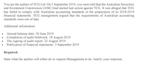 You are the auditor of TCG Ltd. On 5 September 2019, you were told that the Australian Securities
and Investment Commission (ASIC) had started leal action against TCG. It was alleged that TCG
has failed to comply with Australian accounting standards in the preparation of its 2018-2019
financial statements. TCG management argued that the requirements of Australian accounting
standards were out of date.
Additional information:
• Annual balance date: 30 June 2019
Completion of audit fieldwork: 18 August 2019
The signing of audit report: 22 August 2019
Publication of financial statements: 3 September 2019
Required:
State what the auditor will either do or request Management to do. Justify your response.
