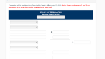 Prepare the paid-in capital section of stockholders' equity at December 31, 2022. (Enter the account name only and do not
provide the descriptive information provided in the question.)
BRIDGEPORT CORPORATION
Balance Sheet (Partial)
$
$
LA