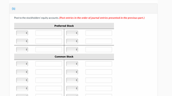 (b)
Post to the stockholders' equity accounts. (Post entries in the order of journal entries presented in the previous part.)
Preferred Stock
Common Stock