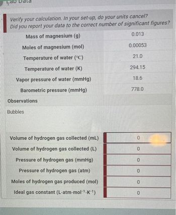 D Dala
Verify your calculation. In your set-up, do your units cancel?
Did you report your data to the correct number of significant figures?
Mass of magnesium (g)
0.013
Moles of magnesium (mol)
0.00053
Temperature of water (°C)
21.0
Temperature of water (K)
Vapor pressure of water (mmHg)
Barometric pressure (mmHg)
Observations
Bubbles
Volume of hydrogen gas collected (mL)
Volume of hydrogen gas collected (L)
Pressure of hydrogen gas (mmHg)
Pressure of hydrogen gas (atm)
Moles of hydrogen gas produced (mol)
Ideal gas constant (L-atm-mol-¹-K-¹)
294.15
18.6
778.0
0
0
0
0
0
0