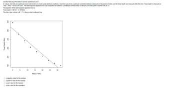 Use the following information to answer questions 6 and 7.
In a study, nine tires of a particular brand were driven on a track under identical conditions. Each tire was driven a particular controlled distance (measured in thousands of miles) and the tread depth was measured after the drive. Tread depth is measured in
"mils." Here, 1 mil is 0.001 inch. The least-squares regression line was computed and added to a scatterplot of these data. On the plot, one data point is marked with an "X."
The equation of the least-squares regression line is:
Tread depth = 360.64 - 11.39 Miles
The data value marked with "X" in the provided scatterplot has
Tread Depth (Mils)
60
80
150
0
5
O a negative value for the residual.
O a positive value for the residual.
O a zero value for the residual.
O a zero value for the correlation.
10
15
Miles (x 1000)
20
25
30