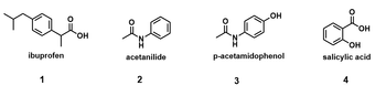 The image contains chemical structures of four different compounds, each labeled with a number and name:

1. **Ibuprofen**: 

   This structure shows a benzene ring attached to an isobutyl group (on the left) and a propanoic acid group (on the right). It is a widely used nonsteroidal anti-inflammatory drug (NSAID).

2. **Acetanilide**: 

   The structure features a benzene ring with an acetamido group directly attached. It is an organic compound formerly used as a pain reliever and fever reducer.

3. **p-Acetamidophenol (Paracetamol or Acetaminophen)**: 

   Here, the benzene ring is attached to an acetamido group and a hydroxyl group at the para position (opposite sides of the benzene ring). This compound is commonly used as a pain reliever and fever reducer.

4. **Salicylic Acid**: 

   This compound consists of a benzene ring with a carboxylic acid group and a hydroxyl group in the ortho position (adjacent). It is used in various medicinal formulations, particularly in skincare and as an anti-inflammatory agent.

The diagrams provide a visual representation of the chemical structure, highlighting functional groups and molecular connectivity.