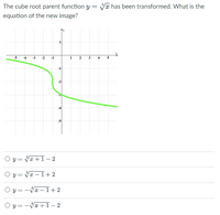 The cube root parent function y = Va has been transformed. What is the
equation of the new image?
-1
1
3
4
-1
-2
O y = Va +I– 2
O y = Va – I+2
O y = -Va – I+2
O y = -Vx + I-2
