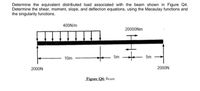 Determine the equivalent distributed load associated with the beam shown in Figure Q4.
Determine the shear, moment, slope, and deflection equations, using the Macaulay functions and
the singularity functions.
400N/m
20000Nm
10m
5m
5m
2000N
2000N
Figure Q4: Beam
