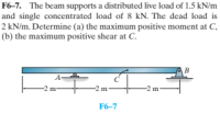 F6-7. The beam supports a distributed live load of 1.5 kN/m
and single concentrated load of 8 kN. The dead load is
2 kN/m. Determine (a) the maximum positive moment at C,
(b) the maximum positive shear at C.
B
-2 m-
