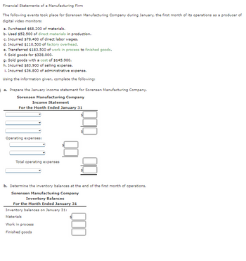 Financial Statements of a Manufacturing Firm
The following events took place for Sorensen Manufacturing Company during January, the first month of its operations as a producer of
digital video monitors:
a. Purchased $68,200 of materials.
b. Used $52,500 of direct materials in production.
c. Incurred $78,400 of direct labor wages.
d. Incurred $110,500 of factory overhead.
e. Transferred $183,500 of work in process to finished goods.
f. Sold goods for $328,000.
g. Sold goods with a cost of $145,900.
h. Incurred $83,900 of selling expense.
i. Incurred $36,800 of administrative expense.
Using the information given, complete the following:
a. Prepare the January income statement for Sorensen Manufacturing Company.
Sorensen Manufacturing Company
Income Statement
For the Month Ended January 31
Operating expenses:
Total operating expenses
b. Determine the inventory balances at the end of the first month of operations.
Sorensen Manufacturing Company
Inventory Balances
For the Month Ended January 31
Inventory balances on January 31:
Materials
Work in process
Finished goods