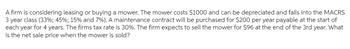 A firm is considering leasing or buying a mower. The mower costs $1000 and can be depreciated and falls into the MACRS
3 year class (33%; 45%; 15% and 7%). A maintenance contract will be purchased for $200 per year payable at the start of
each year for 4 years. The firms tax rate is 30%. The firm expects to sell the mower for $96 at the end of the 3rd year. What
is the net sale price when the mower is sold?