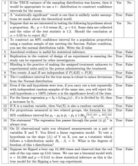 If the TRUE variance of the sampling distribution was known, then it
would be appropriate to use a t- distribution to construct confidence
intervals for the mean.
1
Yes
No
A "statistically significant" result is one that is unlikely under assump-
True
False
tions we made about the theoretical world.
Suppose that we are interested in testing the following hypotheses about
a proportion: Ho : p = 0.4 versus H. : p< 0.4. Some data are collected
and the value of the test statistic is 1.2. Should the conclusion at
Yes
No
a = 0.05 be to reject Ho?
To construct an 80% confidence interval for a population proportion
using a random sample of size meeting the Success- Failure condition,
you use the normal distribution table. Write the Z-value
Anecdotal evidence is useful for statistical inference.
Replication in the context of design of an experiment is ensuring the True False
study can be repeated by other investigators.
Blinding is the practice of making the assigned treatment unknown to
experimental units and/or the person administering the treatment.
Two events A and B are independent if P(A|B) = P(B).
The t confidence interval for the true mean is robust to minor deviations
4
True
False
7
True
False
8
True
False
9.
True False
from the Normal distribution.
10 Even if the null hypothesis were true, if you carry out a test repeatedly True
with independent random samples of the same size, you will reject the
null hypothesis a x 100% (where a is the significance level) of the time.
11 For the linear regression y = bo+ bịlog10(x), if x is divided by 10, then
y increases by b1.
12 If X is a random variable, then Var(X) is also a random variable.
13 For proportions measured in two related groups, the formula for the True | False
95% confidence interval for p1 – P2 is ĝi – P2 ±1.96/
False
True
False
True
False
P1 (1-p1)
P2(1-p2)
n2
14 The statement "The regression line passes through the point (7, j) " is True False
always true.
15 On 31 observational units you obtained measurements on a pair of
variables X and Y. You fitted a linear regression model. To test a
hypothesis on the slope (B1) of Y on X, you use a t-statistic which
follows a t-distribution under Ho : B1 = 0. What is the degrees of
freedom of this t-distribution?
16 Suppose we flipped a beer cap 10, 000 times and observed that the red True
side of the cap came up 5141 times. We can use a binomial model with
n = 10,000 and p = 0.5141 to draw statistical inference as this is the
true model for the flipping a beer cap experiment.
False
