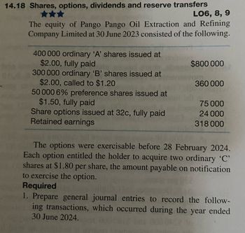 14.18 Shares, options, dividends and reserve transfers
LO6, 8, 9
The equity of Pango Pango Oil Extraction and Refining
Company Limited at 30 June 2023 consisted of the following.
400 000 ordinary 'A' shares issued at
$2.00, fully paid
300 000 ordinary 'B' shares issued at
$2.00, called to $1.20
50 000 6% preference shares issued at
$1.50, fully paid
Share options issued at 32c, fully paid
Retained earnings
$800 000
360 000
75 000
24 000
318 000
The options were exercisable before 28 February 2024.
Each option entitled the holder to acquire two ordinary 'C'
shares at $1.80 per share, the amount payable on notification
to exercise the option.
Required
1. Prepare general journal entries to record the follow-
ing transactions, which occurred during the year ended
30 June 2024.