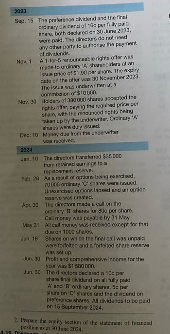 2023
Sep. 15
Nov. 1
The preference dividend and the final
ordinary dividend of 16c per fully paid
share, both declared on 30 June 2023,
were paid. The directors do not need
any other party to authorise the payment
of dividends.
2024
Jan. 10
A 1-for-5 renounceable rights offer was
made to ordinary 'A' shareholders at an
issue price of $1.90 per share. The expiry
date on the offer was 30 November 2023.
The issue was underwritten at a
commission of $10 000.
Nov. 30 Holders of 380 000 shares accepted the
rights offer, paying the required price per
share, with the renounced rights being
taken up by the underwriter. Ordinary 'A'
shares were duly issued.
Dec. 10 Money due from the underwriter
was received.
The directors transferred $35 000
from retained earnings to a
replacement reserve.
Feb. 28 As a result of options being exercised,
70 000 ordinary 'C' shares were issued.
Unexercised options lapsed and an option
reserve was created.
Apr. 30 The directors made a call on the
ordinary 'B' shares for 80c per share.
Call money was payable by 31 May.
May 31 All call money was received except for that
due on 1000 shares.
Jun. 18
Jun. 30
Jun. 30
Shares on which the final call was unpaid
were forfeited and a forfeited share reserve
was set up.
Profit and comprehensive income for the
year was $1 580 000.
The directors declared a 10c per
share final dividend on all fully paid
'A' and 'B' ordinary shares, 5c per
share on 'C' shares and the dividend on
preference shares. All dividends to be paid
on 15 September 2024.
MOSQUE
2. Prepare the equity section of the statement of financial
position as at 30 June 2024.
4.19 Dividends
OF
Tou
POTER