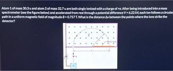 Atom 1 of mass 30.3 u and atom 2 of mass 32.7 u are both singly ionized with a charge of +e. After being introduced into a mass
spectrometer (see the figure below) and accelerated from rest through a potential difference V = 6.22 kV, each ion follows a circular
path in a uniform magnetic field of magnitude B=0.757 T. What is the distance Ax between the points where the ions strike the
detector?
Detector